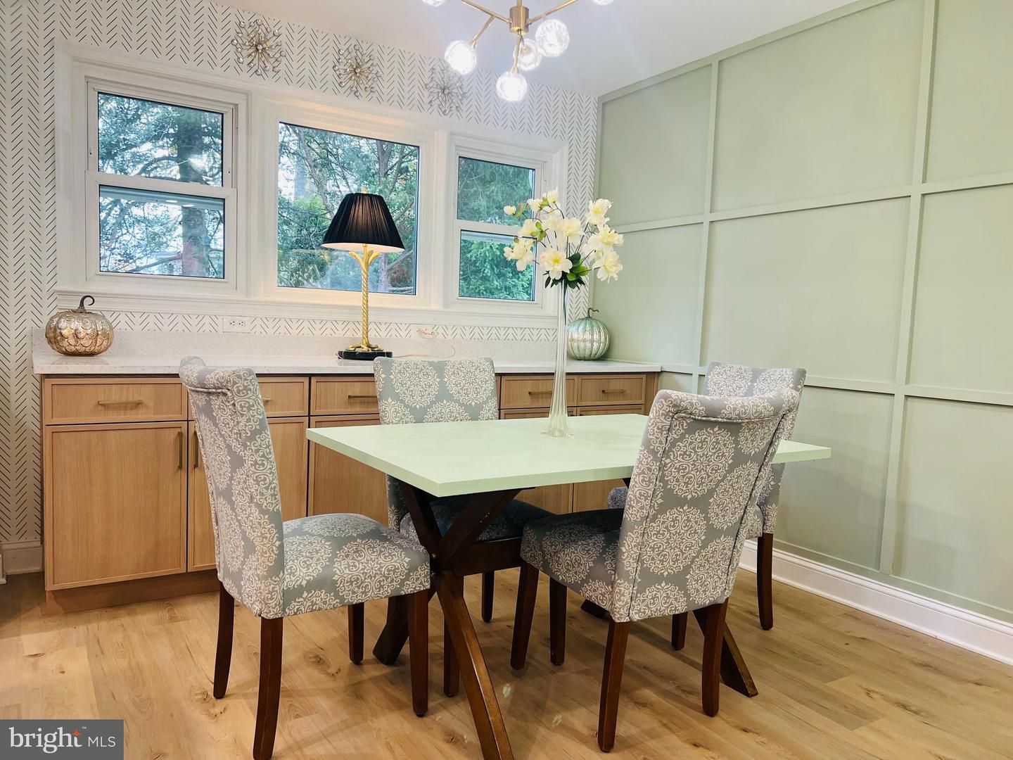 Dining room, Interior, Pendant Lights, Wood Texture Flooring