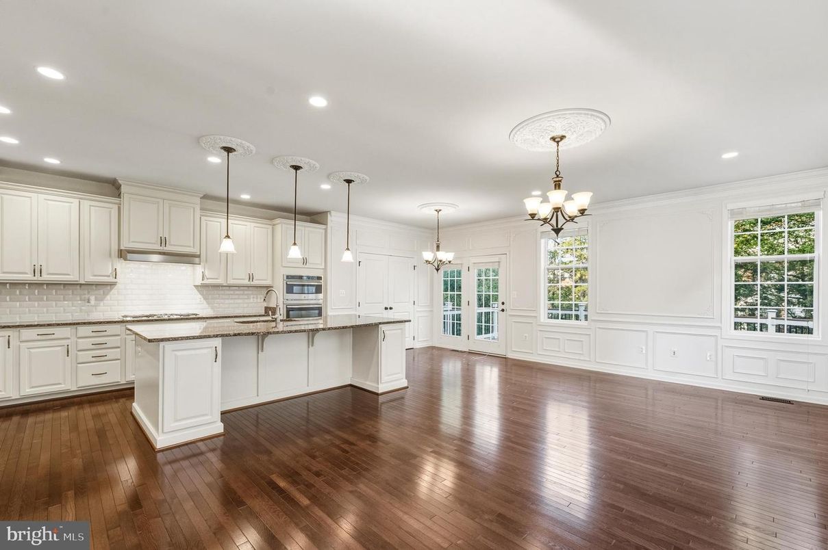 Chandelier, Empty room, Interior, Kitchen, Pendant Lights, Recessed Lighting, Wood Texture Flooring