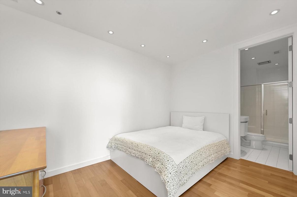 Bathroom, Bedroom, Glass Shower, Interior, Recessed Lighting, Wood Texture Flooring