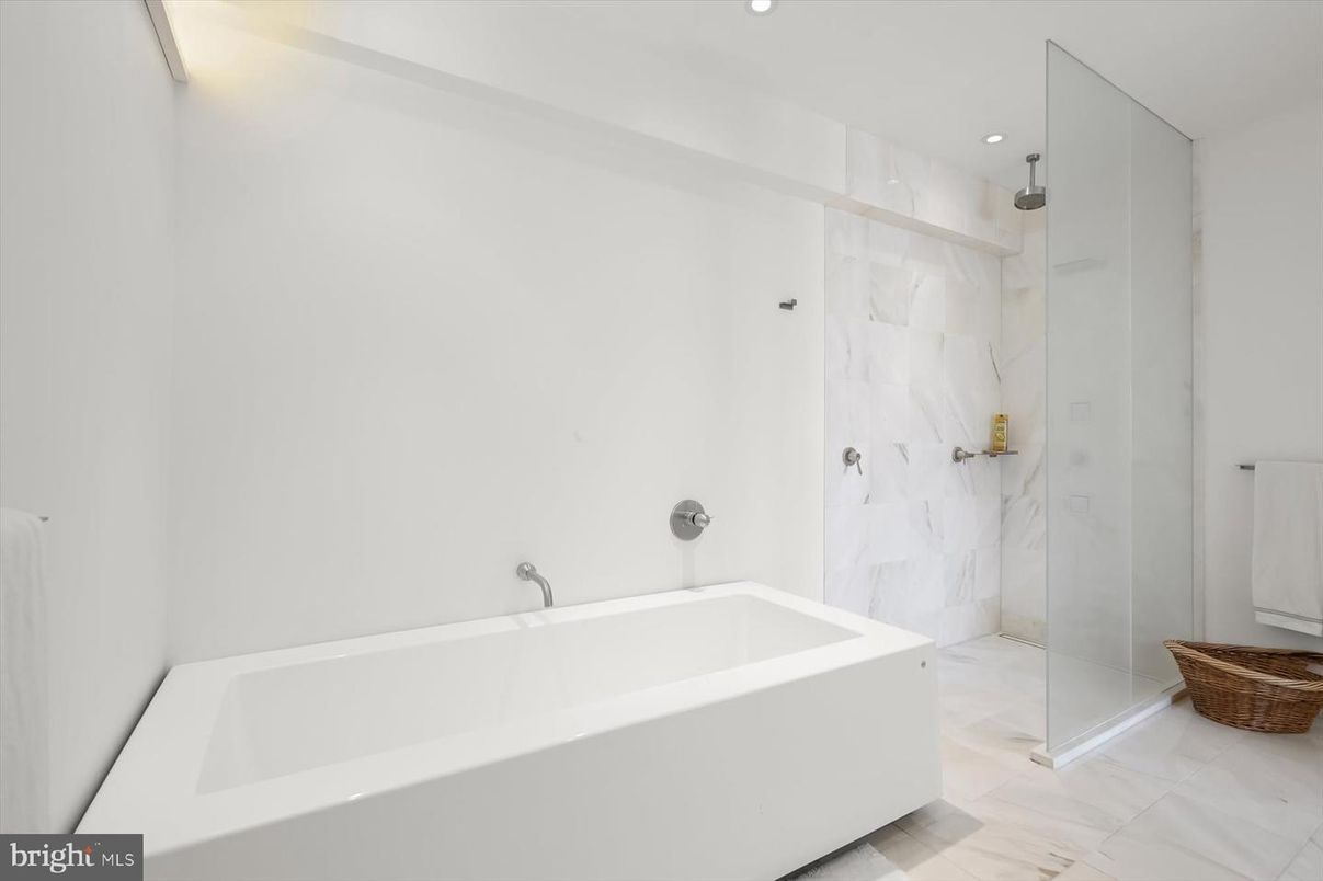 Bathroom, Glass Shower, Interior, Marble Walls, Recessed Lighting