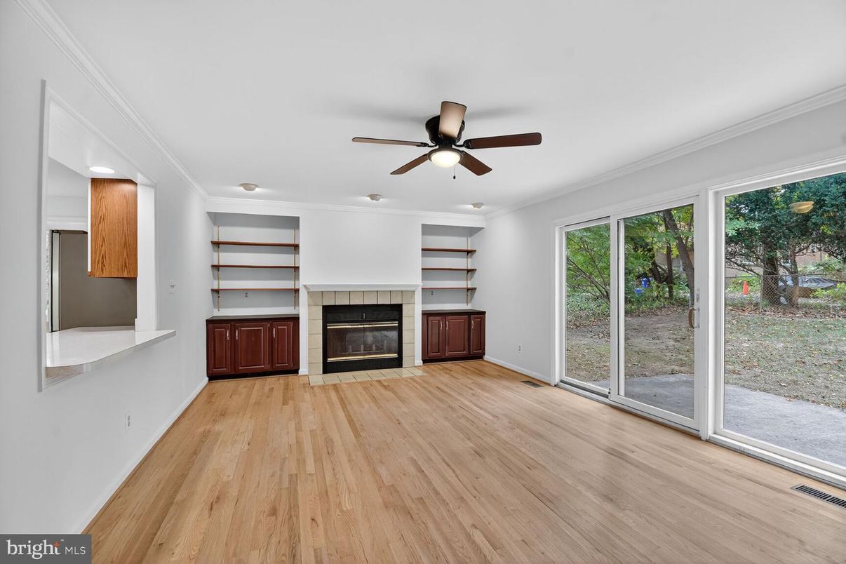 Empty room, Fireplace, Interior, Recessed Lighting, Wood Texture Flooring