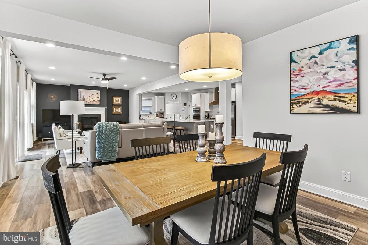Dining room, Fireplace, Interior, Kitchen, Living room, Pendant Lights, Recessed Lighting, Wood Texture Flooring