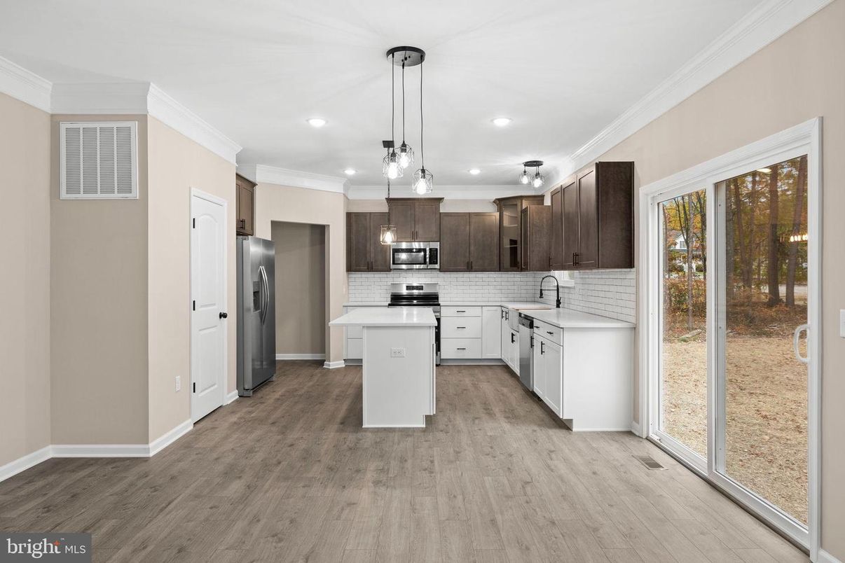 Interior, Kitchen, Pendant Lights, Recessed Lighting, Stainless Steel Appliances, Wood Texture Flooring