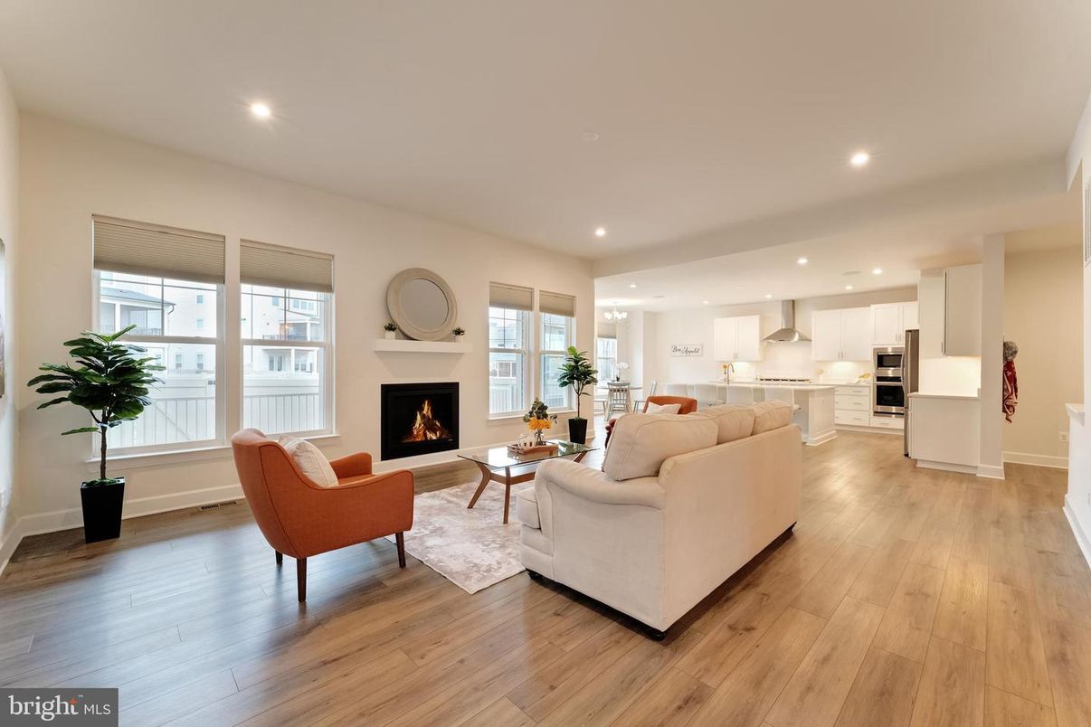 Fireplace, Interior, Kitchen, Living room, Recessed Lighting, Wood Texture Flooring