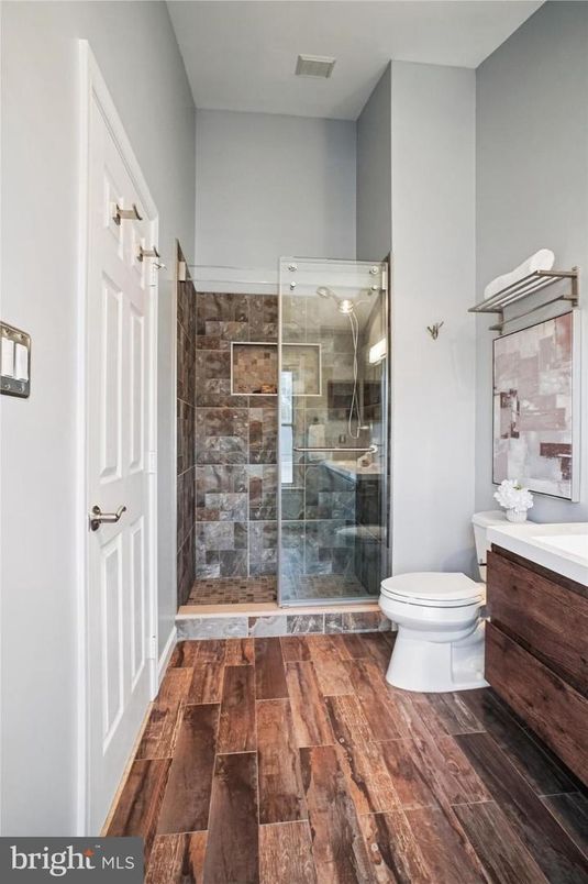 Bathroom, Glass Shower, Interior, Wood Texture Flooring