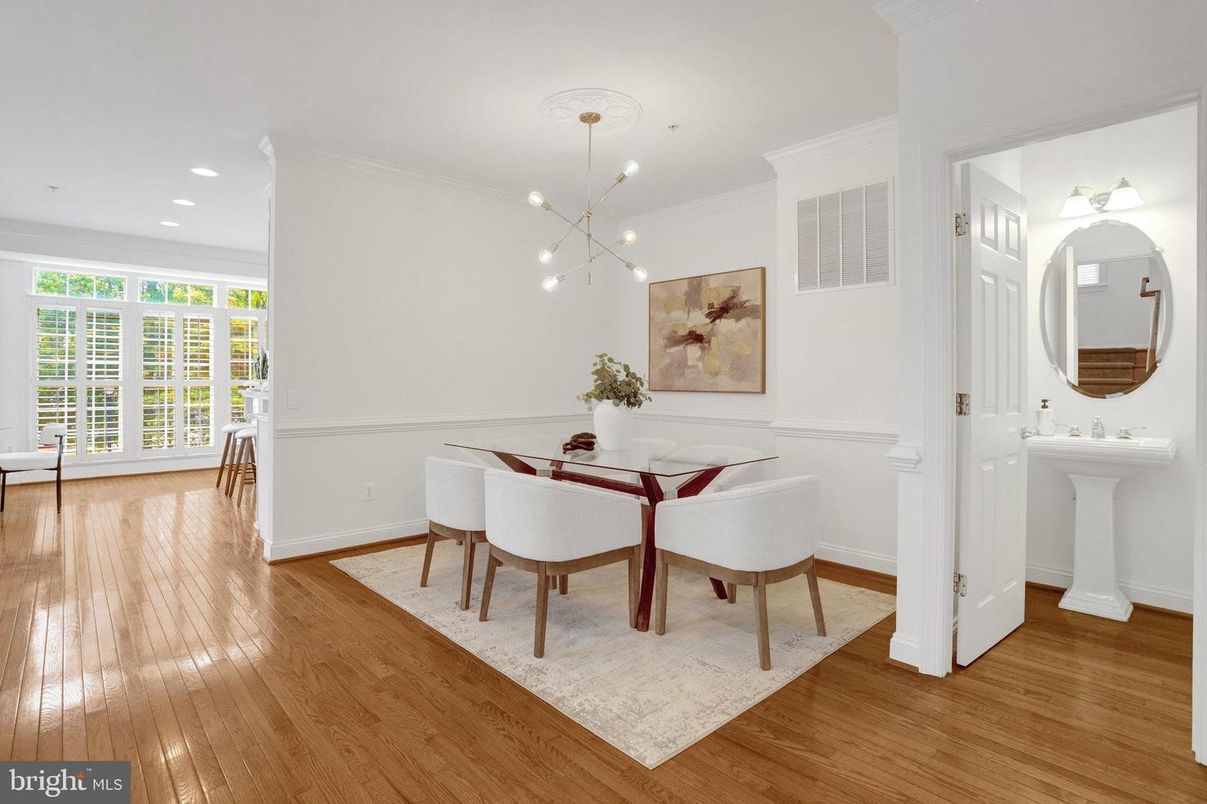 Dining room, Interior, Pendant Lights, Recessed Lighting, Wood Texture Flooring