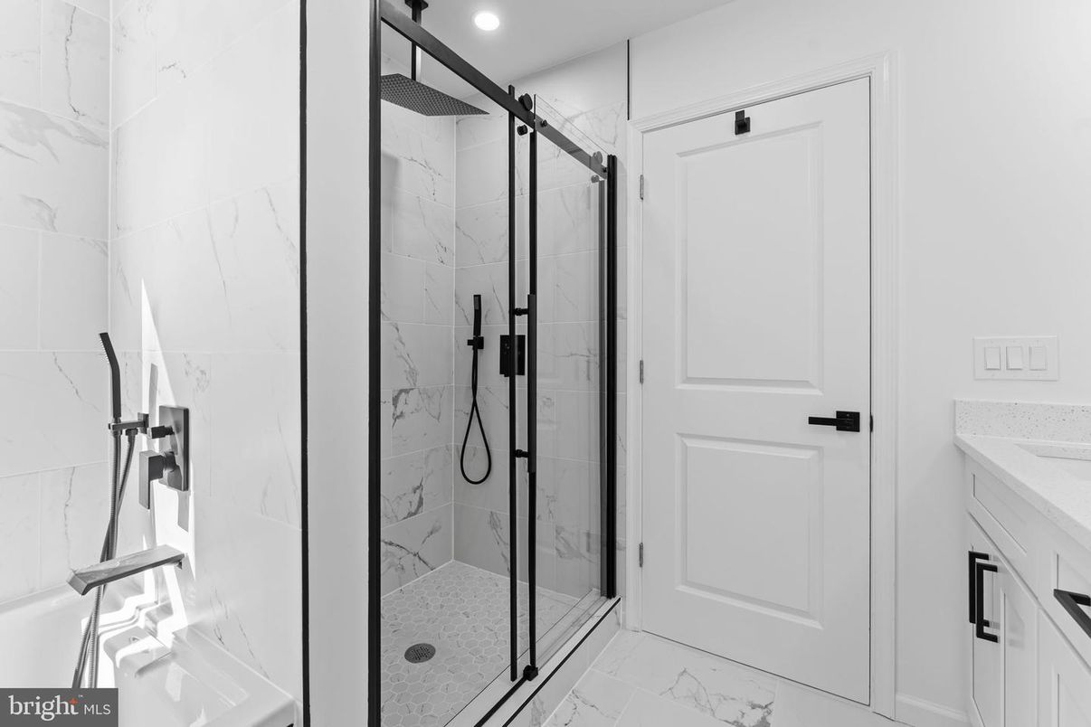 Bathroom, Glass Shower, Interior, Marble, Marble Walls, Recessed Lighting