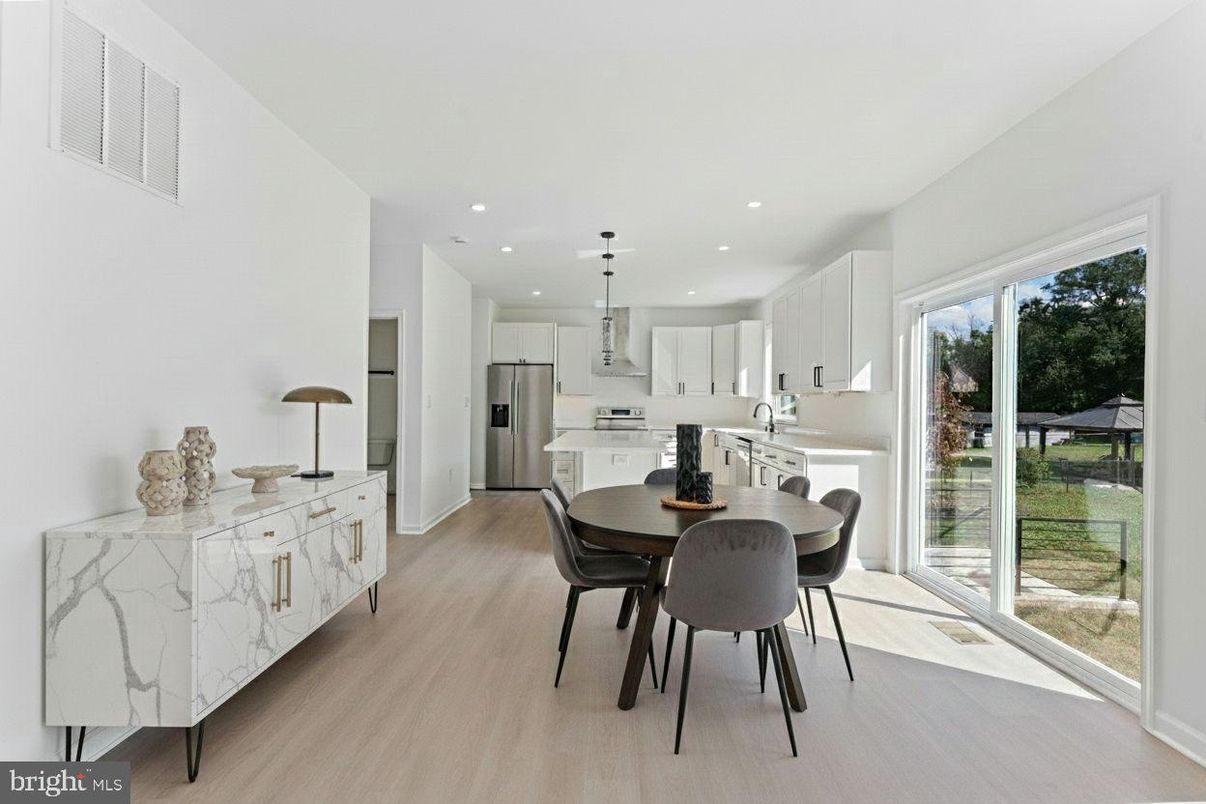 Dining room, Interior, Kitchen, Pendant Lights, Recessed Lighting, Stainless Steel Appliances, Wood Texture Flooring