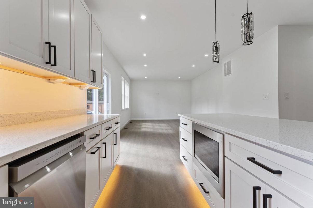 Interior, Kitchen, Pendant Lights, Recessed Lighting, Stainless Steel Appliances, Wood Texture Flooring