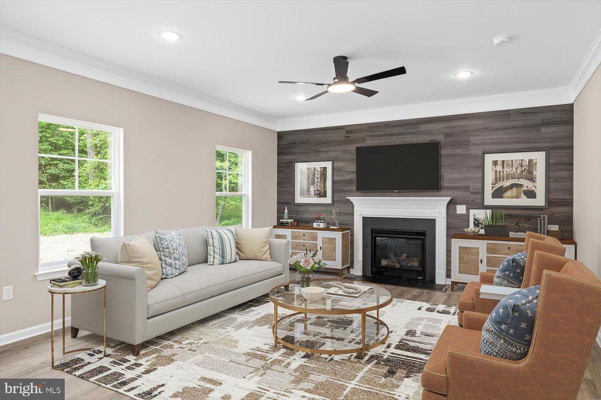 Fireplace, Interior, Living room, Recessed Lighting, Wood Texture Flooring, Wooden Walls