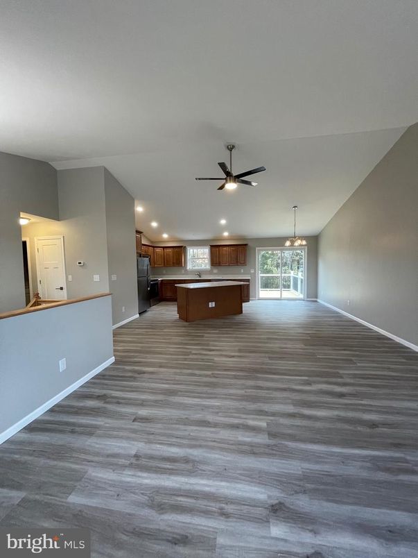 Empty room, Interior, Kitchen, Pendant Lights, Recessed Lighting, Wood Texture Flooring