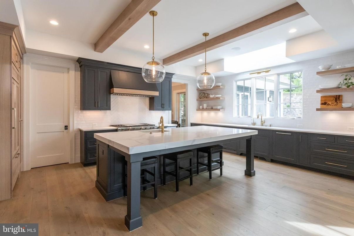 Interior, Kitchen, Pendant Lights, Recessed Lighting, Wooden Beams, Wood Texture Flooring