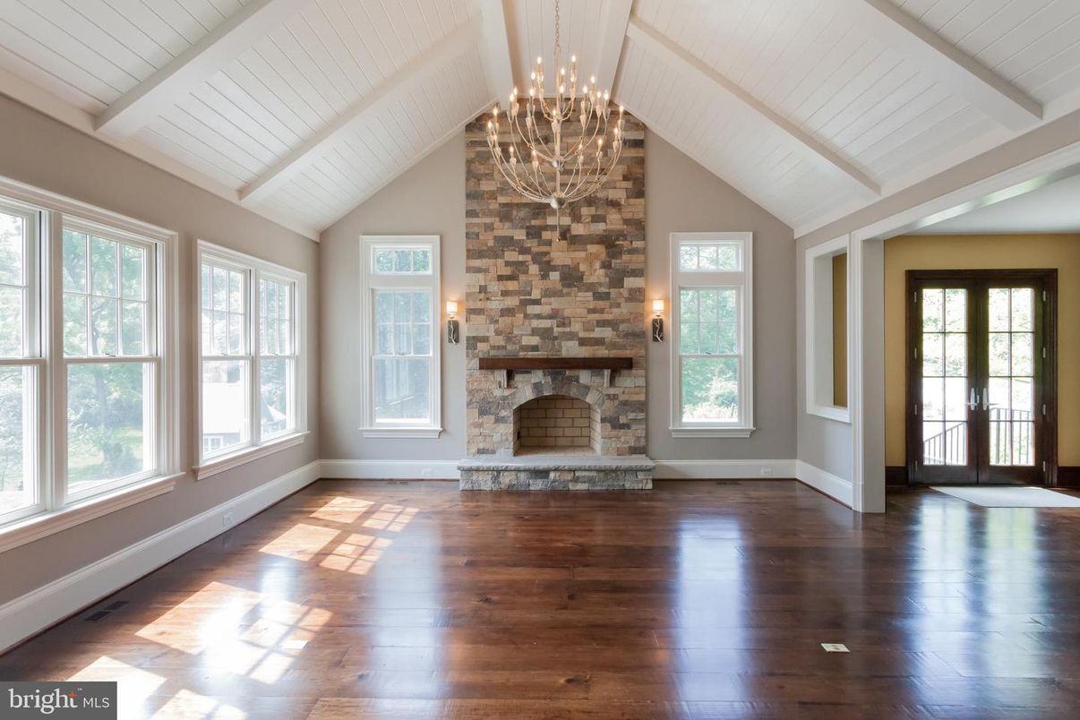 Chandelier, Empty room, Fireplace, Interior, Wood Texture Flooring