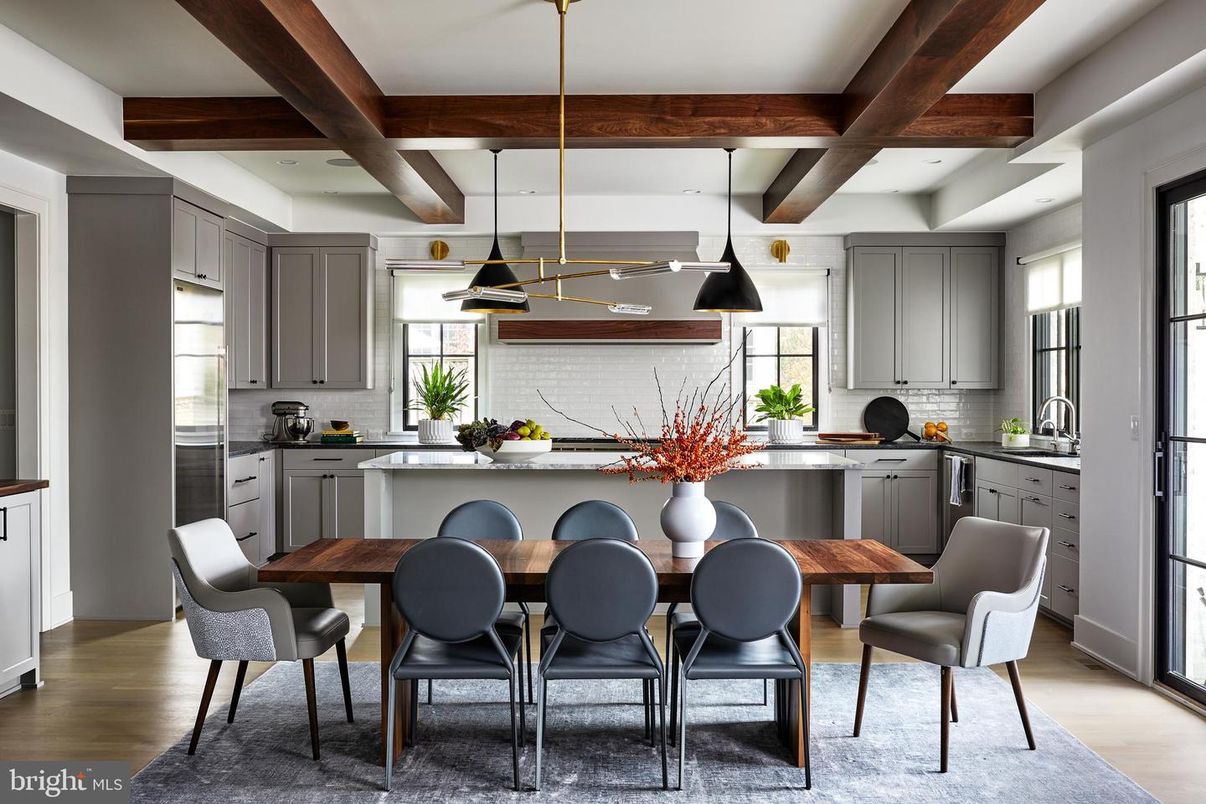 Interior, Kitchen, Pendant Lights, Recessed Lighting, Stainless Steel Appliances, Wooden Beams, Wood Texture Flooring