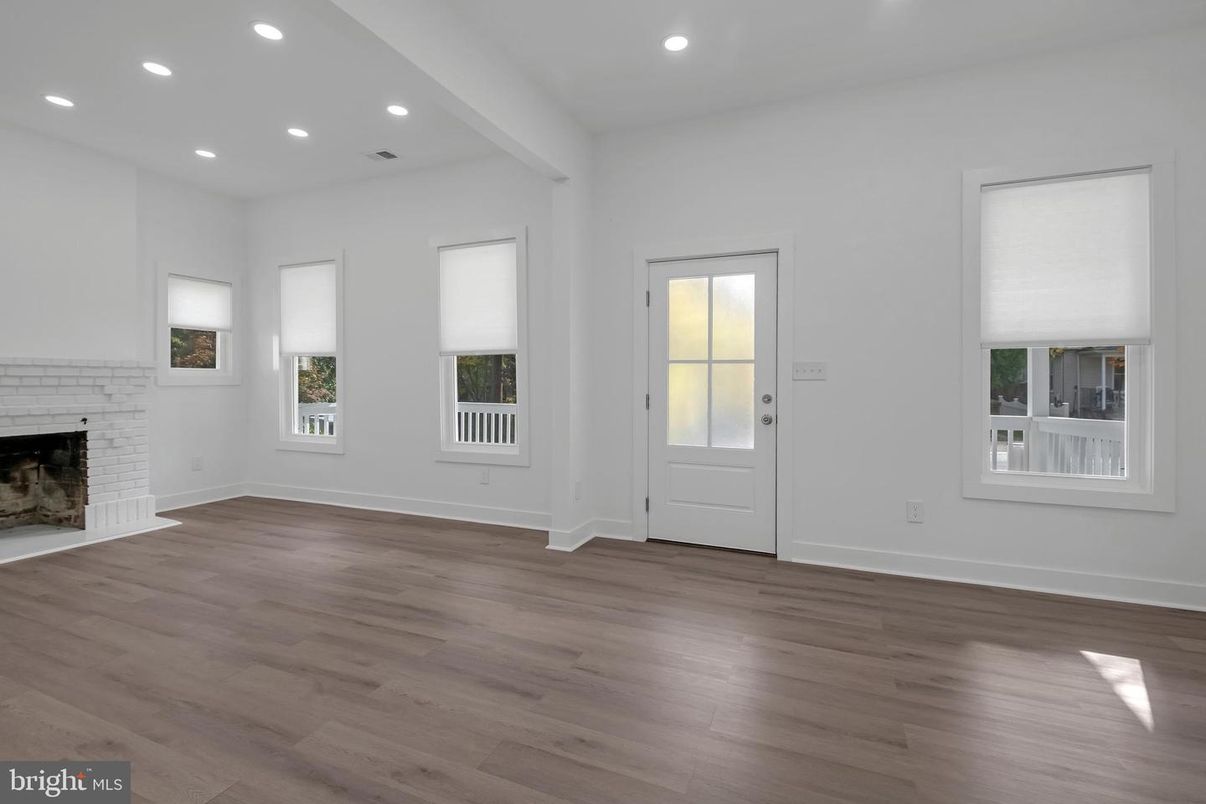 Empty room, Fireplace, Interior, Recessed Lighting, Wood Texture Flooring