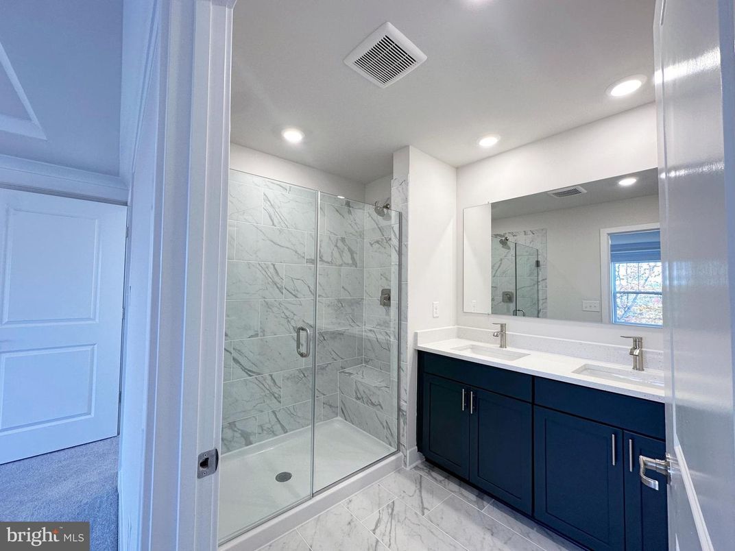 Bathroom, Glass Shower, Interior, Marble, Marble Walls, Recessed Lighting