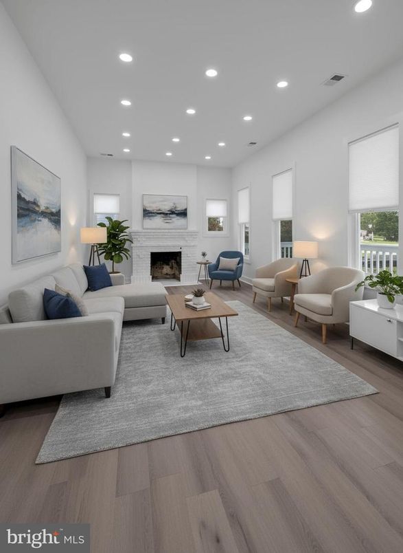 Fireplace, Interior, Living room, Recessed Lighting, Wood Texture Flooring