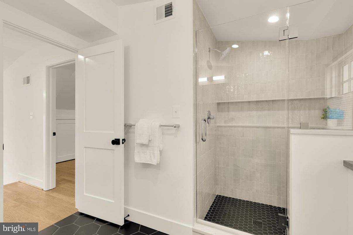 Bathroom, Glass Shower, Interior, Recessed Lighting, Wood Texture Flooring