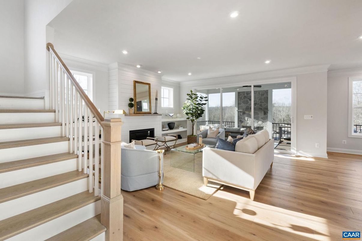 Fireplace, Interior, Living room, Recessed Lighting, Wood Texture Flooring