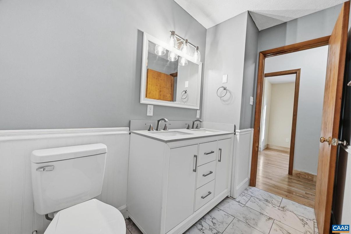 Bathroom, Dual Sink Vanities, Interior, Marble, Wood Texture Flooring