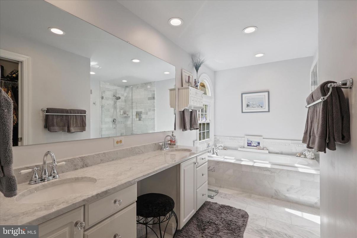 Bathroom, Dual Sink Vanities, Glass Shower, Interior, Marble, Recessed Lighting