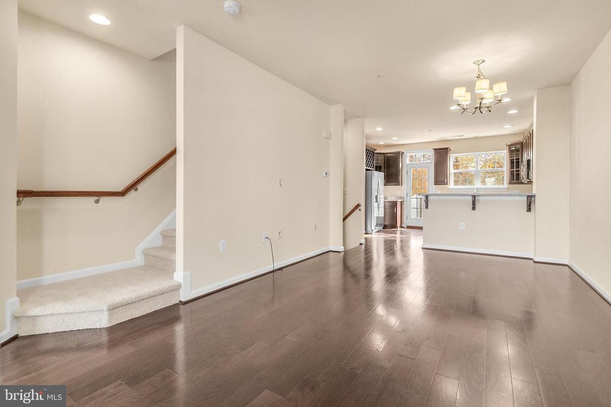 Chandelier, Empty room, Interior, Kitchen, Recessed Lighting, Wood Texture Flooring