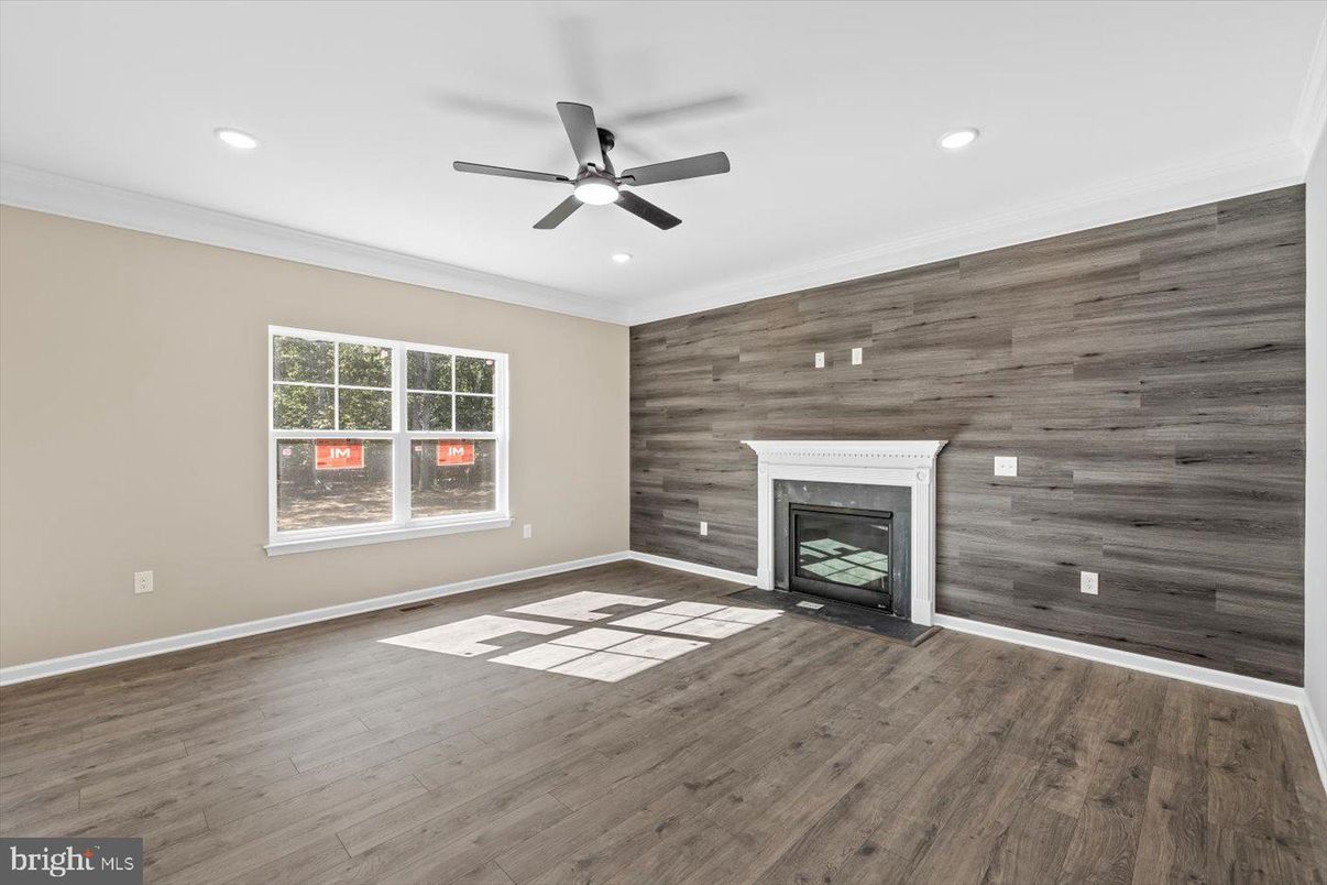 Empty room, Fireplace, Interior, Recessed Lighting, Wood Texture Flooring, Wooden Walls