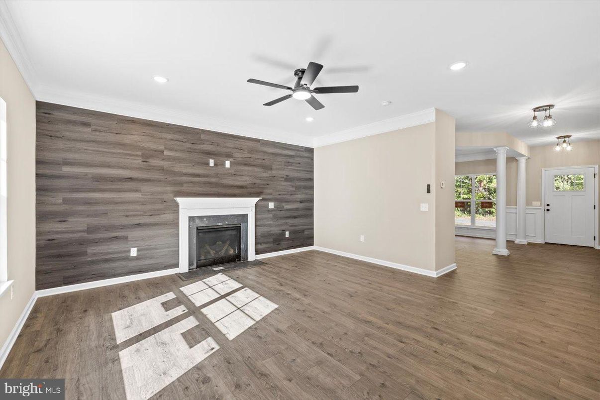 Empty room, Fireplace, Interior, Recessed Lighting, Wood Texture Flooring, Wooden Walls