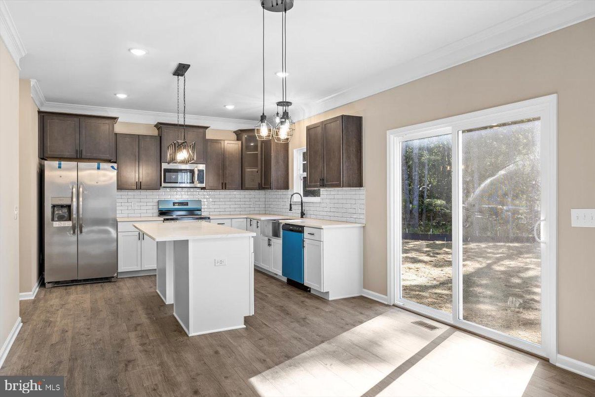 Interior, Kitchen, Pendant Lights, Recessed Lighting, Stainless Steel Appliances, Wood Texture Flooring