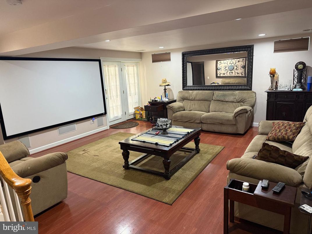 Interior, Living room, Projection Screen, Recessed Lighting, Wood Texture Flooring