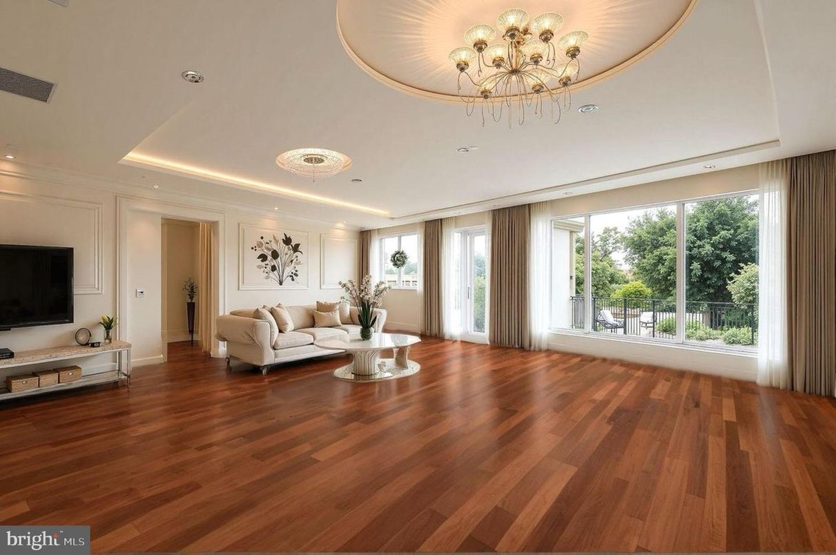 Chandelier, Interior, Living room, Recessed Lighting, Wood Texture Flooring