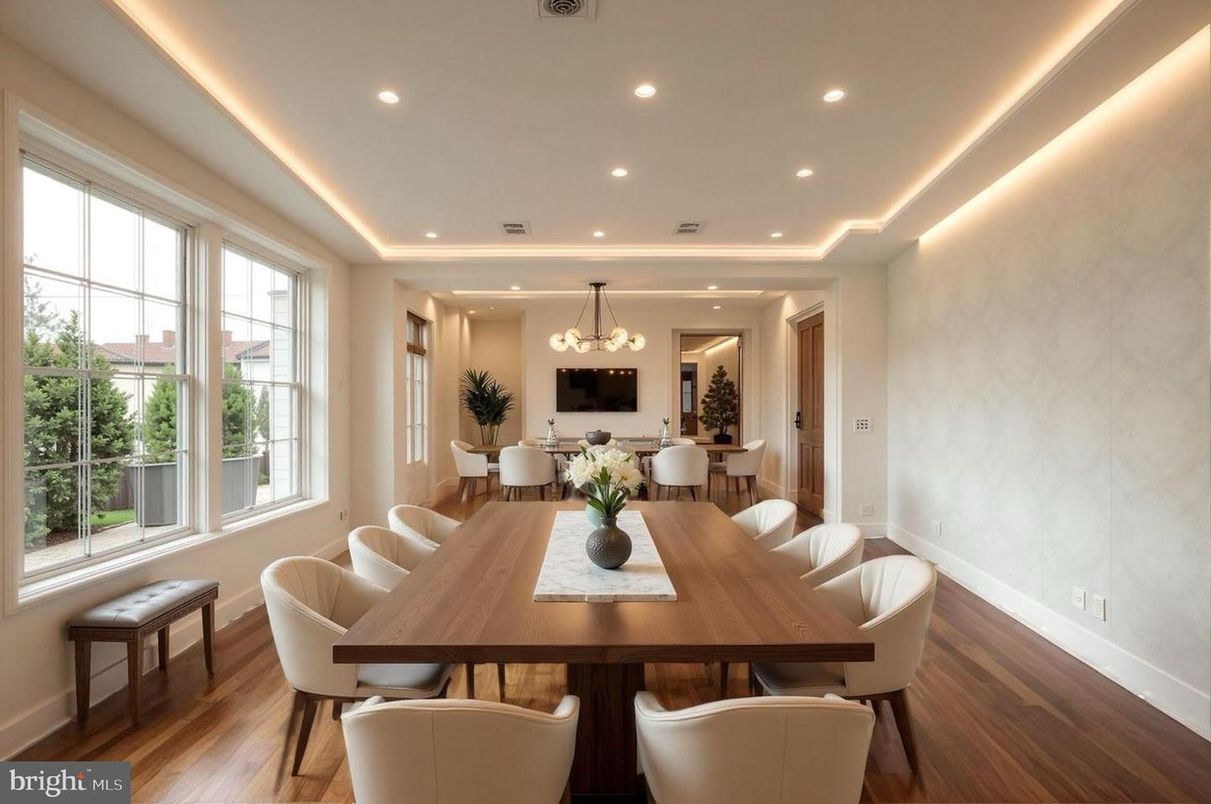 Chandelier, Dining room, Interior, Recessed Lighting, Wood Texture Flooring