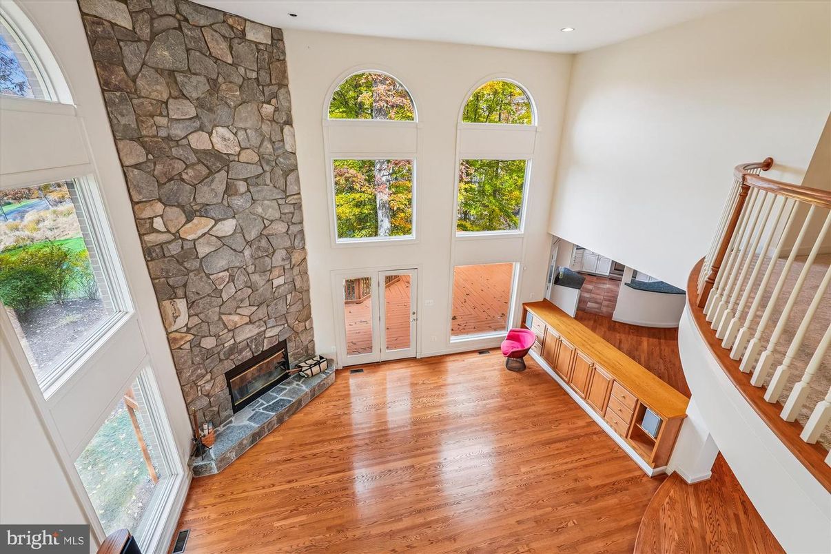 Fireplace, Interior, Recessed Lighting, Stone Walls, Wood Texture Flooring