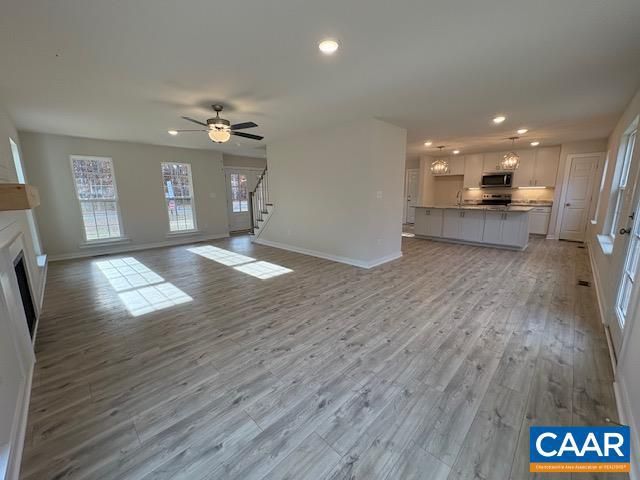 Empty room, Interior, Kitchen, Pendant Lights, Recessed Lighting, Wood Texture Flooring
