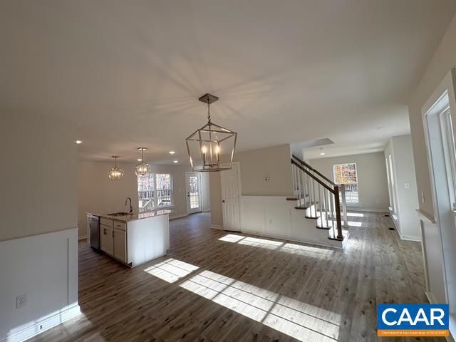 Chandelier, Interior, Kitchen, Pendant Lights, Recessed Lighting, Wood Texture Flooring