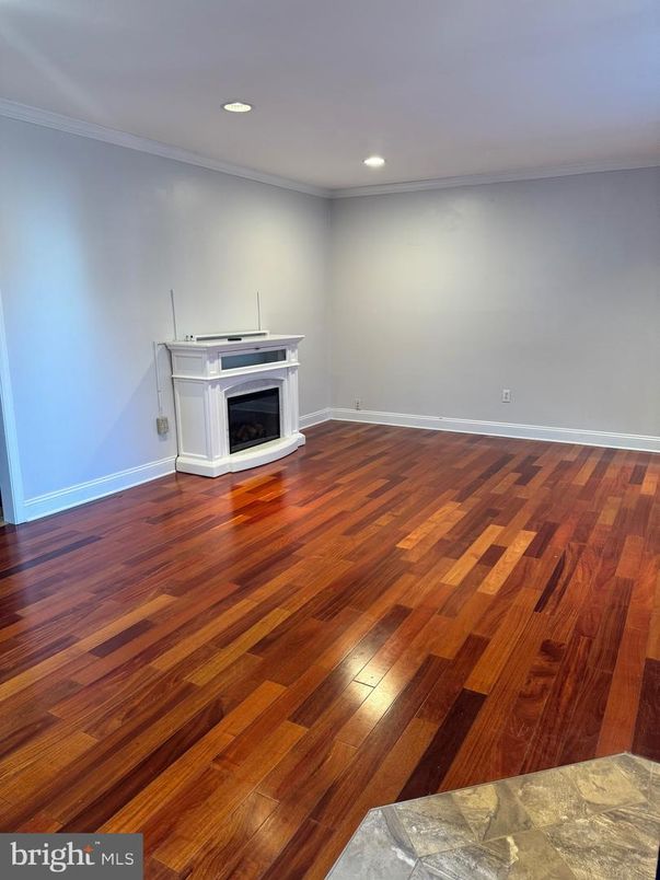 Empty room, Fireplace, Interior, Recessed Lighting, Wood Texture Flooring
