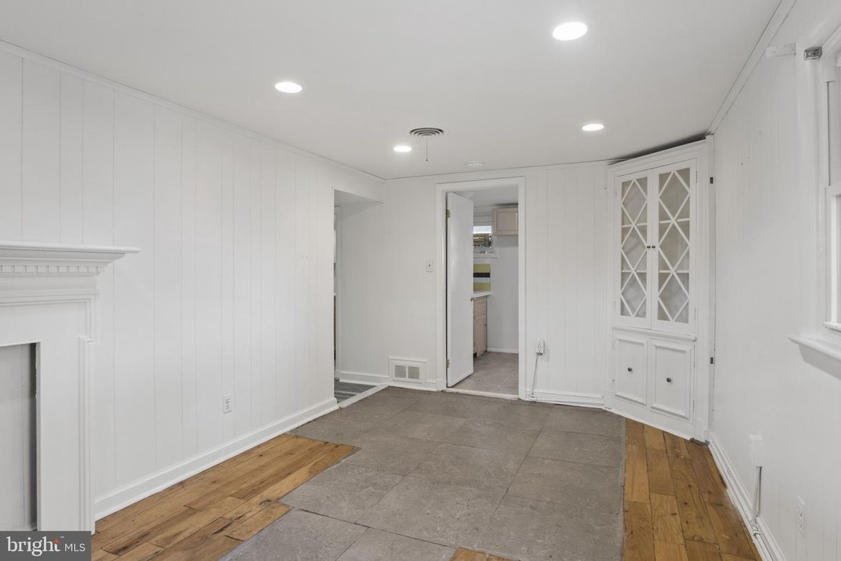 Empty room, Fireplace, Interior, Recessed Lighting, Wood Texture Flooring