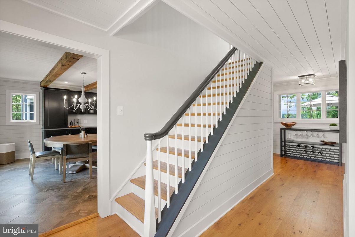 Dining room, Interior, Pendant Lights, Wooden Beams, Wood Texture Flooring
