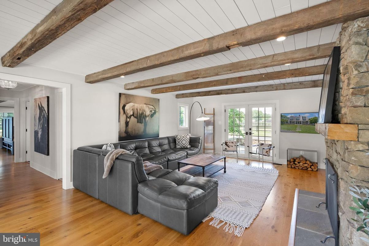 Fireplace, Interior, Living room, Stone Walls, Wooden Beams, Wood Texture Flooring