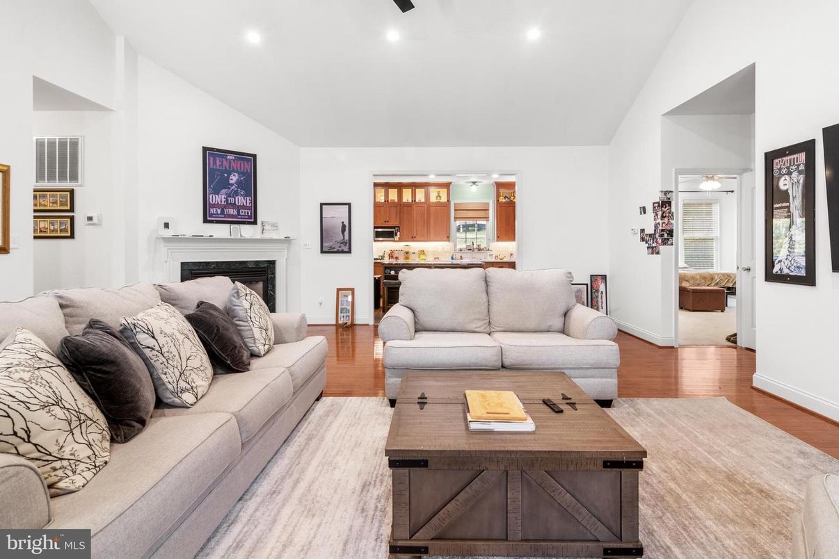 Fireplace, Interior, Kitchen, Living room, Recessed Lighting, Wood Texture Flooring