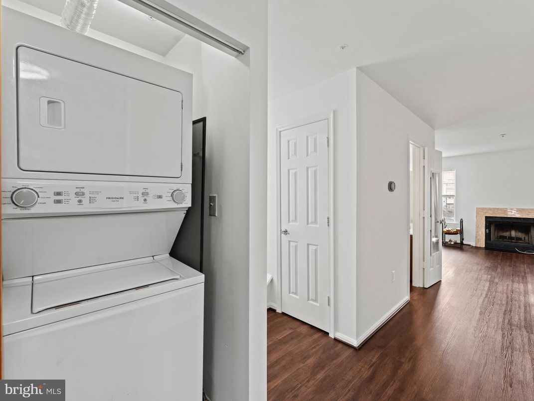 Fireplace, Interior, Utility Closets, Washer, Wood Texture Flooring