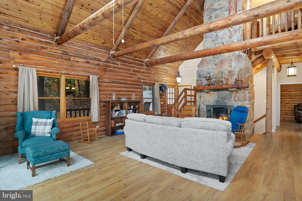 Fireplace, Interior, Living room, Pendant Lights, Wooden Beams, Wooden Ceilings, Wood Texture Flooring, Wooden Walls