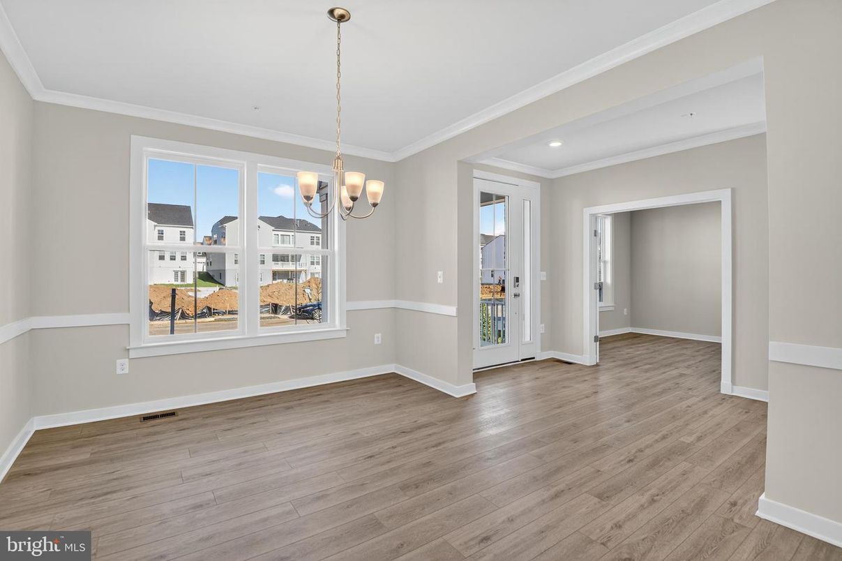 Chandelier, Empty room, Interior, Recessed Lighting, Wood Texture Flooring