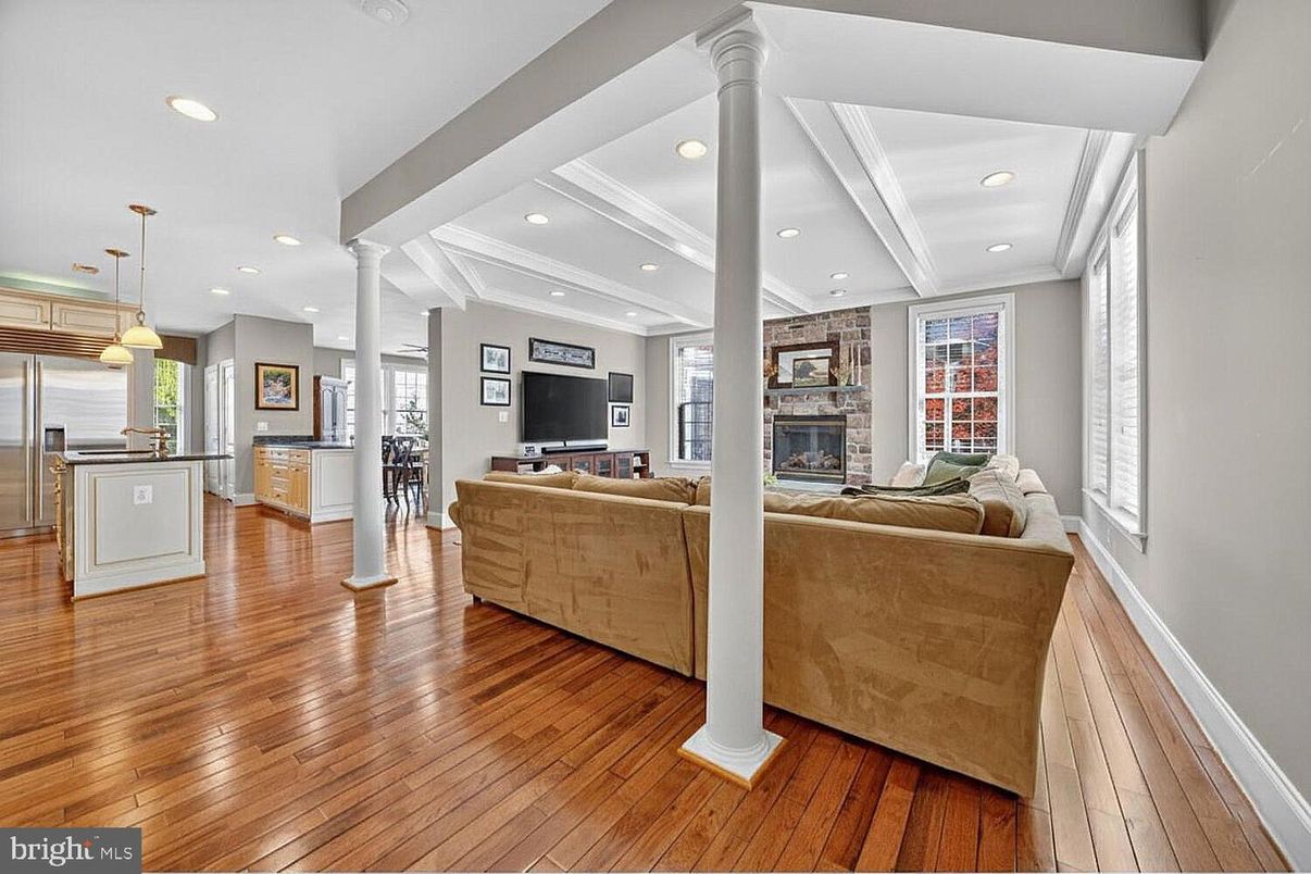 Fireplace, Interior, Kitchen, Living room, Pendant Lights, Recessed Lighting, Wood Texture Flooring