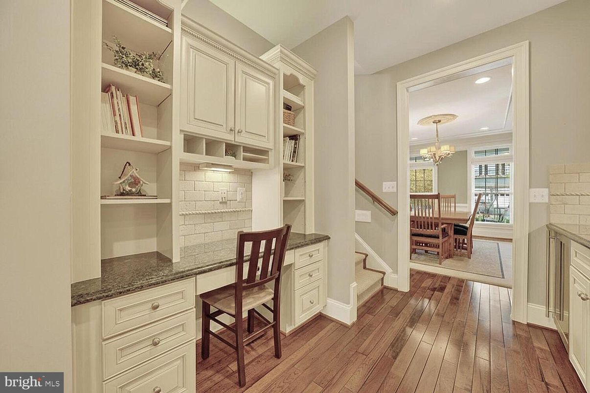 Chandelier, Home Office, Interior, Recessed Lighting, Stone Walls, Wood Texture Flooring