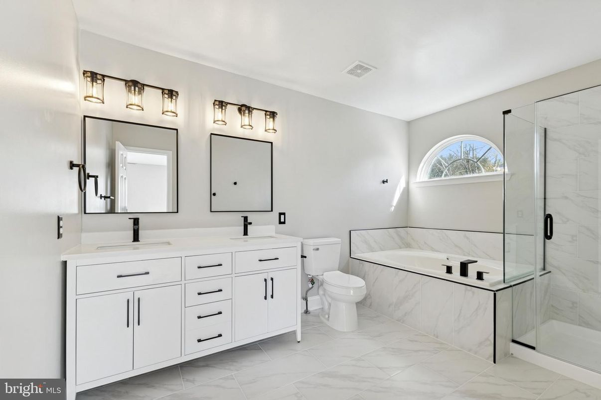 Bathroom, Dual Sink Vanities, Glass Shower, Interior, Marble, Marble Walls