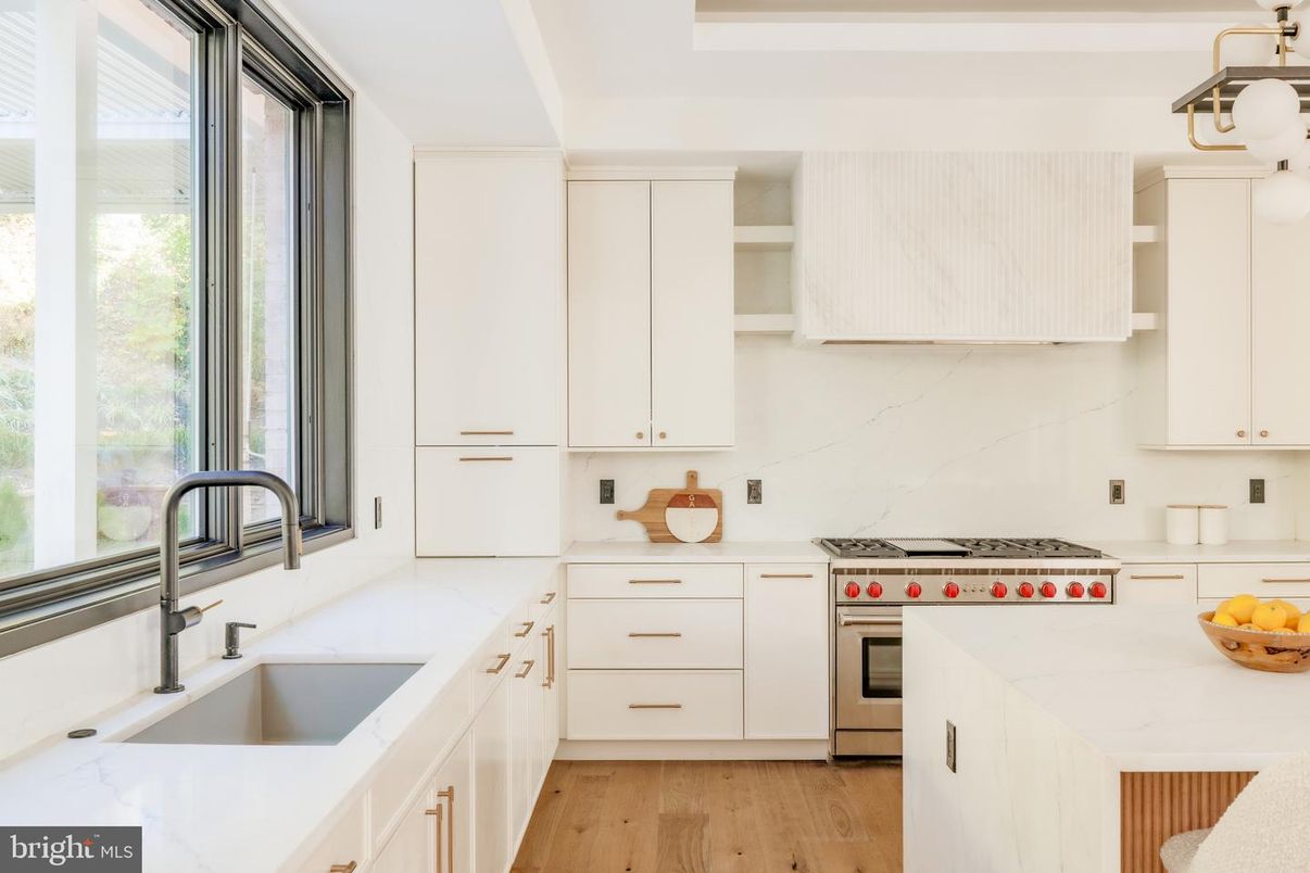 Interior, Kitchen, Marble Walls, Stainless Steel Appliances, Wood Texture Flooring