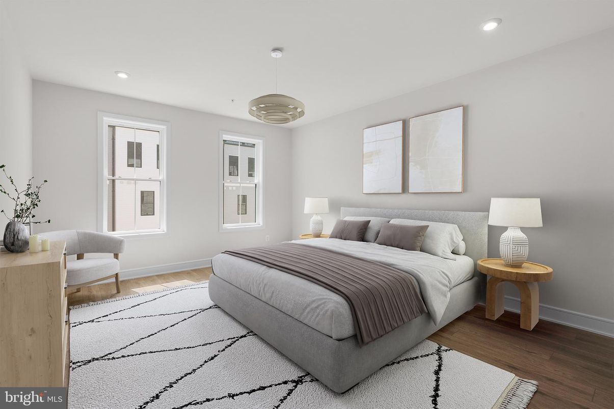 Bedroom, Interior, Pendant Lights, Recessed Lighting, Wood Texture Flooring