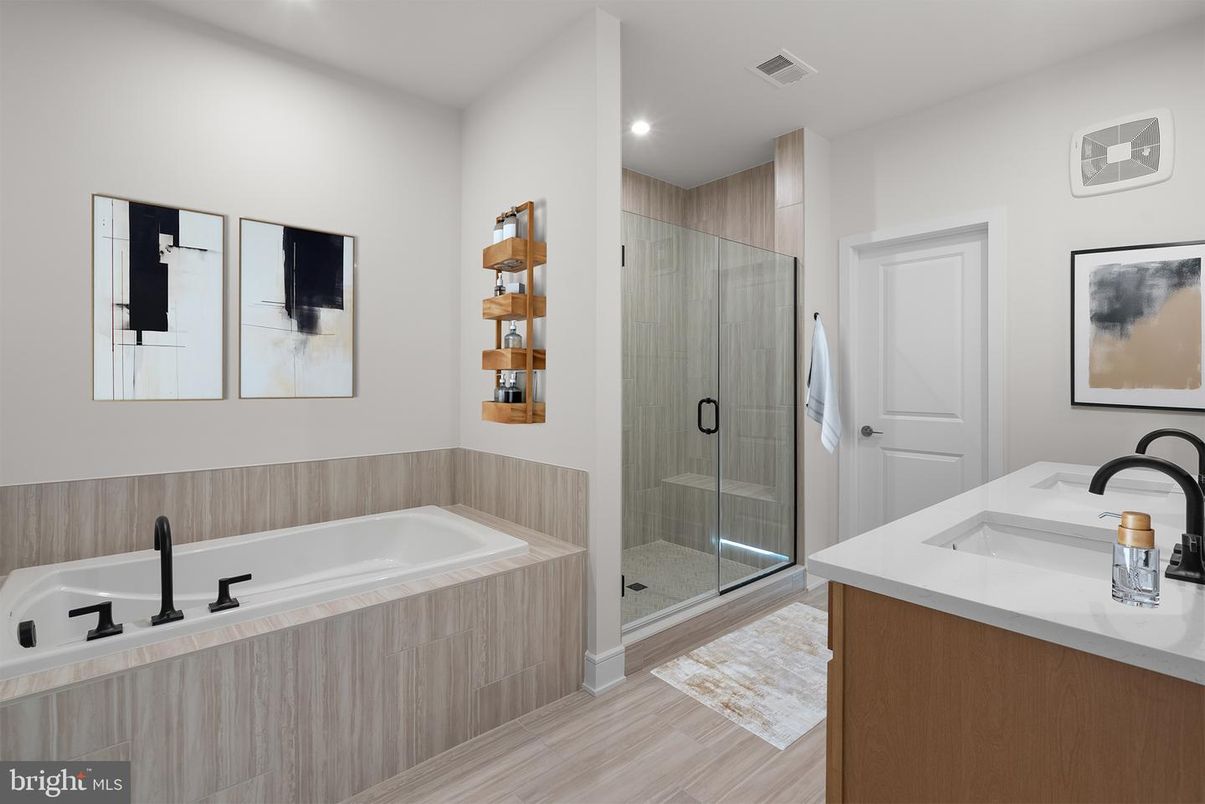 Bathroom, Glass Shower, Interior, Recessed Lighting, Wood Texture Flooring
