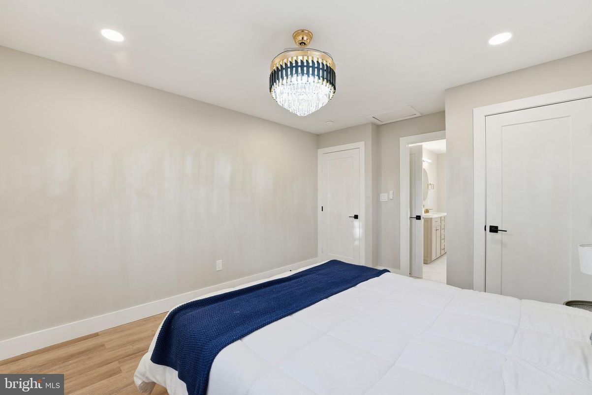 Bedroom, Chandelier, Interior, Recessed Lighting, Wood Texture Flooring